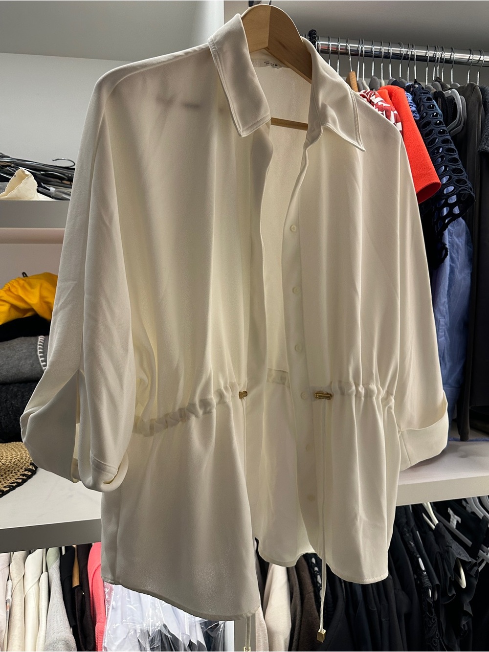 Zara Cream Button-Down Drawstring Shirt